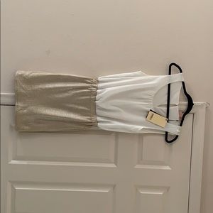 White and dull gold dress.